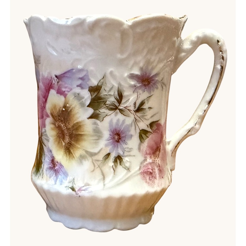 Antique Victorian Porcelain Mug Floral Relief Scroll Work Gold Gilt Unbranded 3"